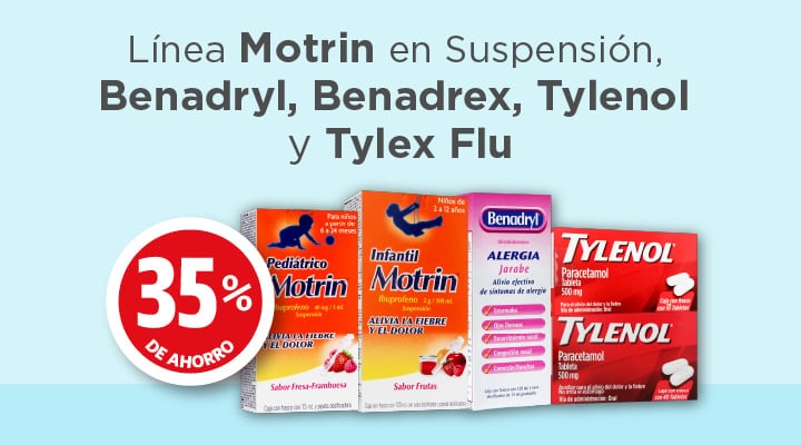 Motrin, Benadryl, Benadrex, Tylenol y Tylex Flu 35% de ahorro 