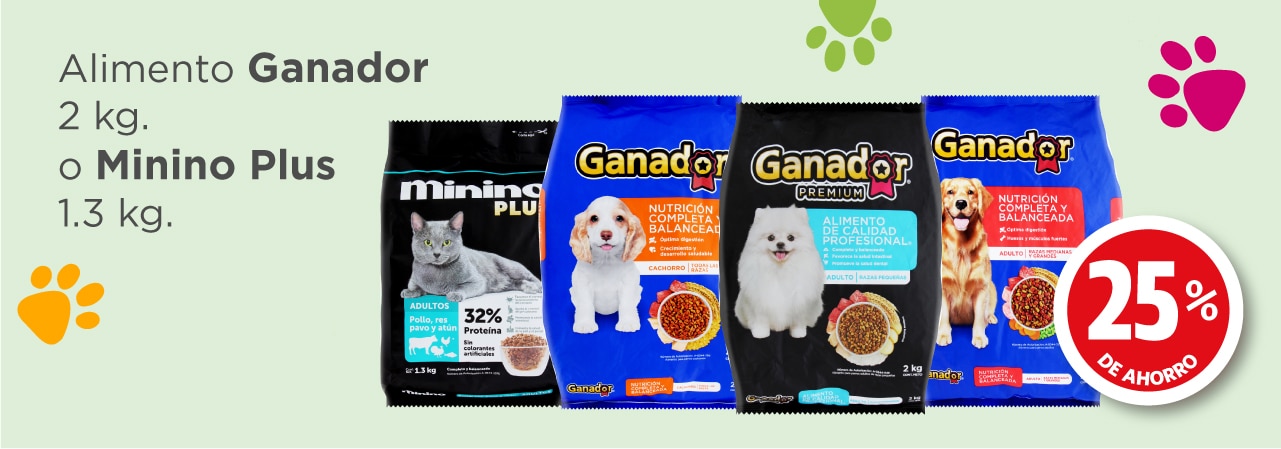 Alimento Ganador de 2 kilogramos o minini Plus  de 1.3 kilogramos con 25% de ahorro
